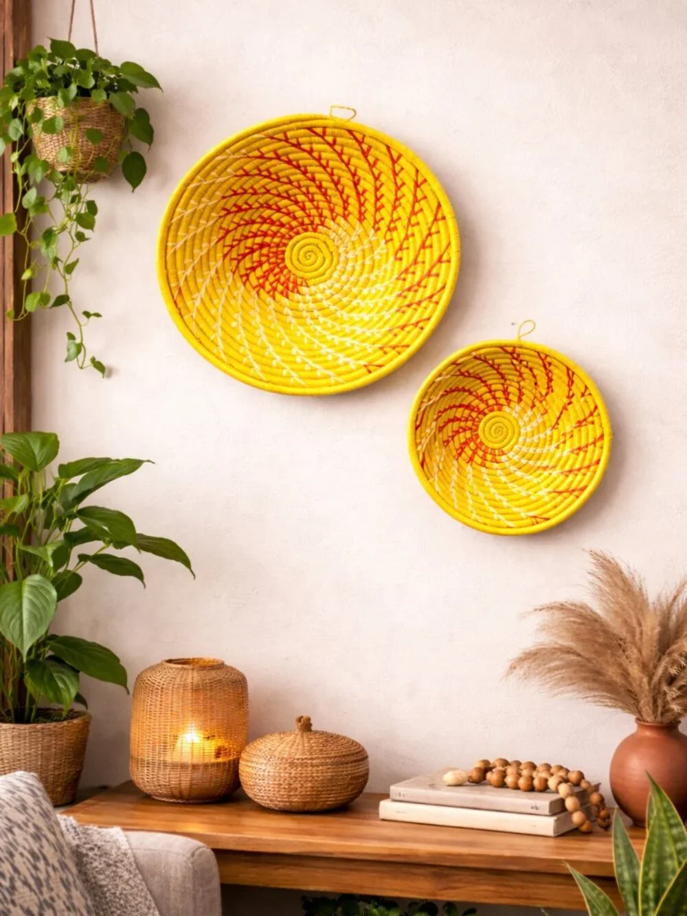 Yellow Woven Raffia Grass African Baskets Set of 2 - Small 8 in | Large 12 in